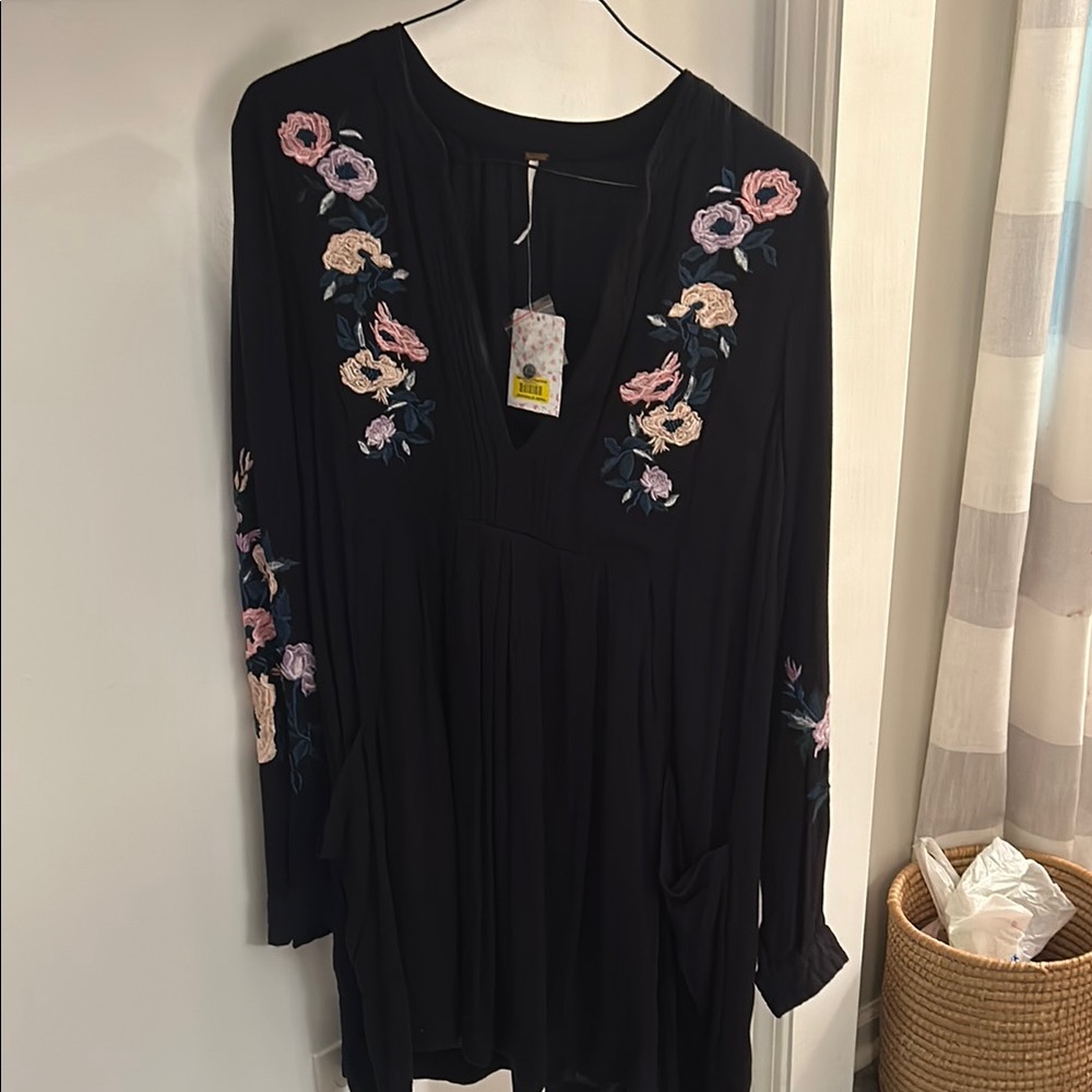 We The Free Black Multicolored Embellished Bishop Sleeve Knee-Length dress
